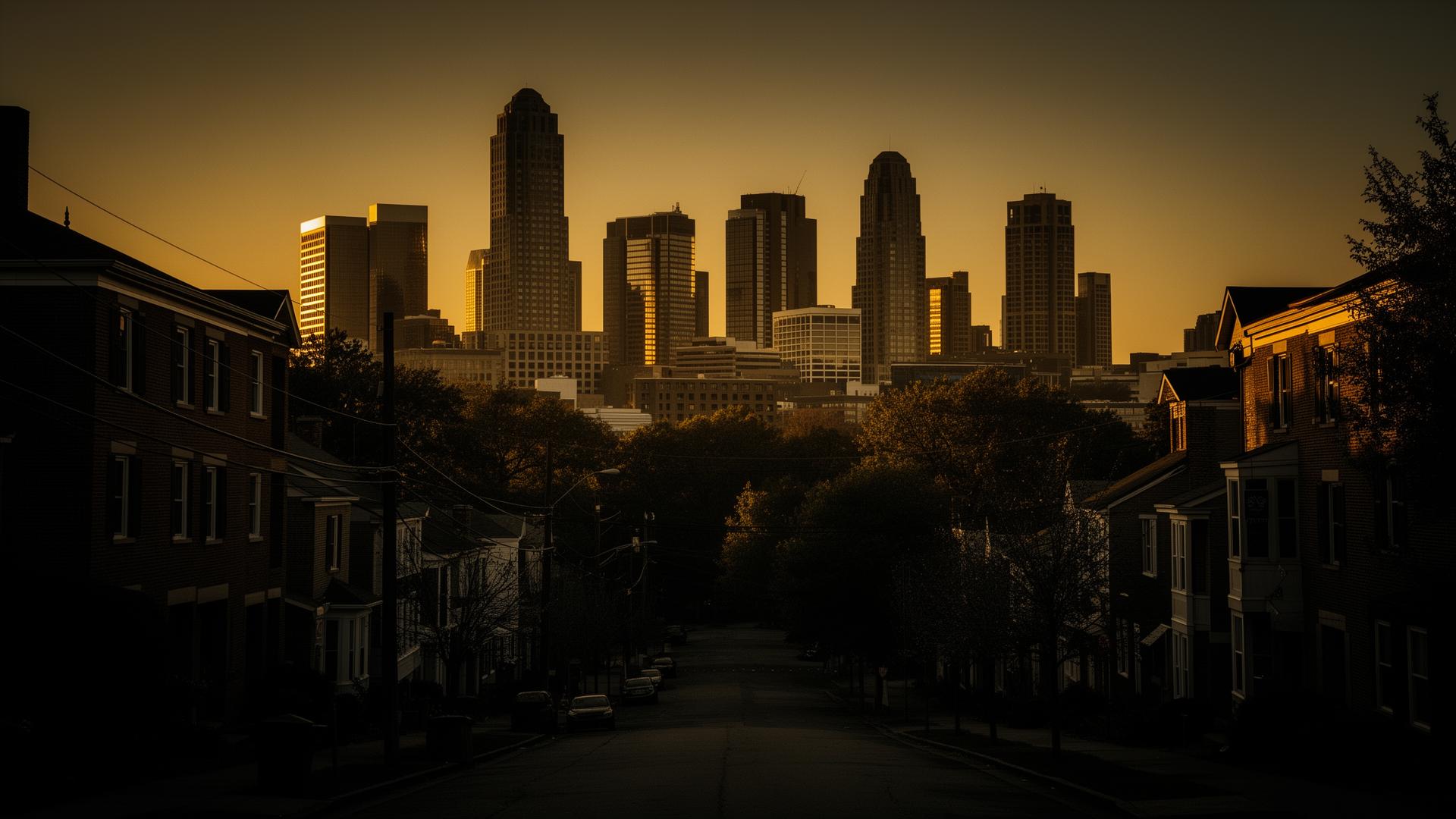 Atlanta skyline at golden dusk seen from a historic neighborhood