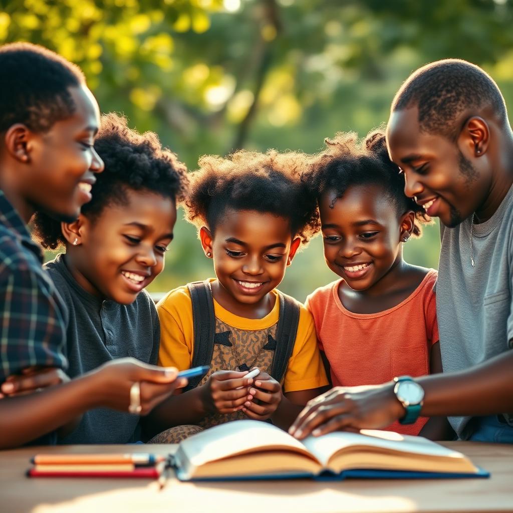 Black children, teens, and young adults learning alongside mentors. Leadership, opportunity, and belonging